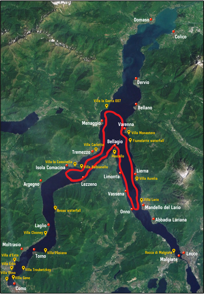 mappa tour in barca sul lago di como