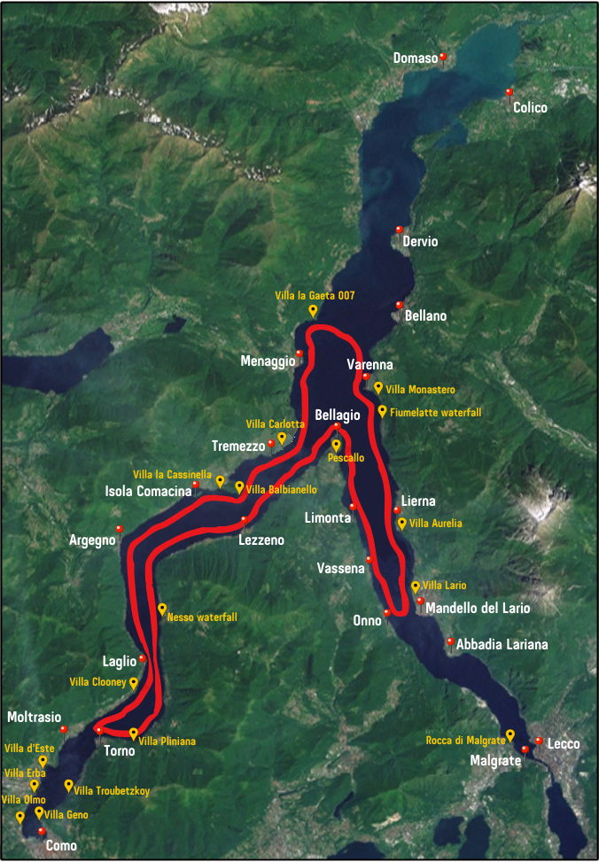 mappa tour in barca sul lago di como