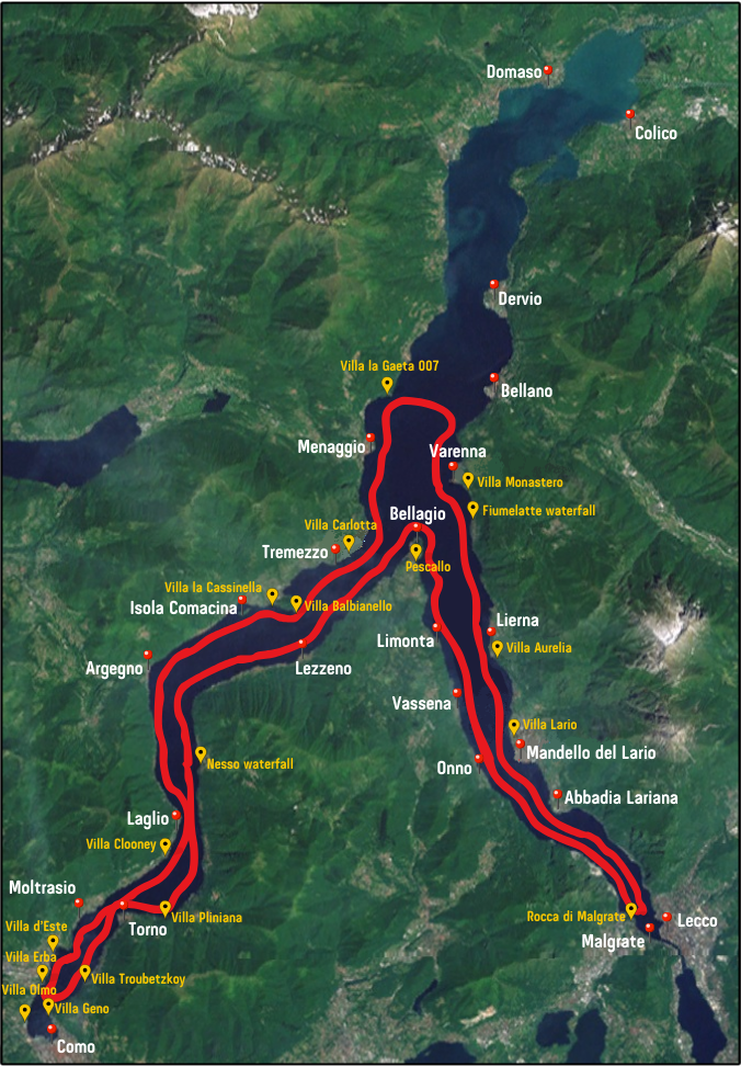 mappa tour in barca sul lago di como